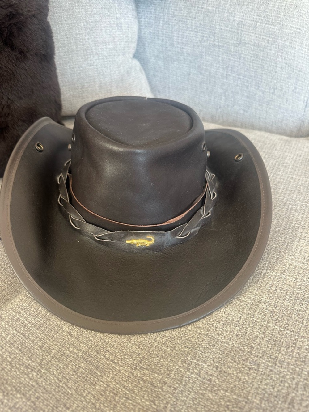 Women's Dark Brown Leather Outback Hat with Braided Band XS
